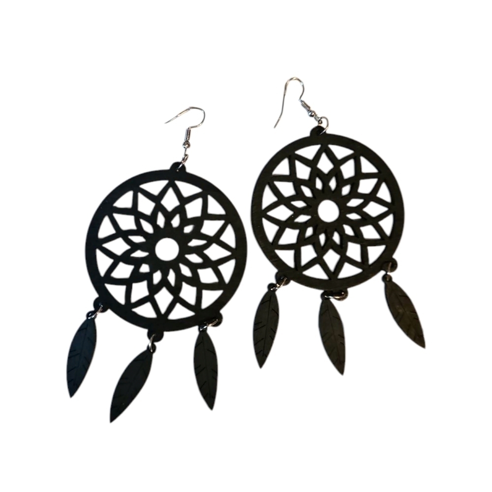 Black Wooden Dreamcatcher Earrings, Large, NWT